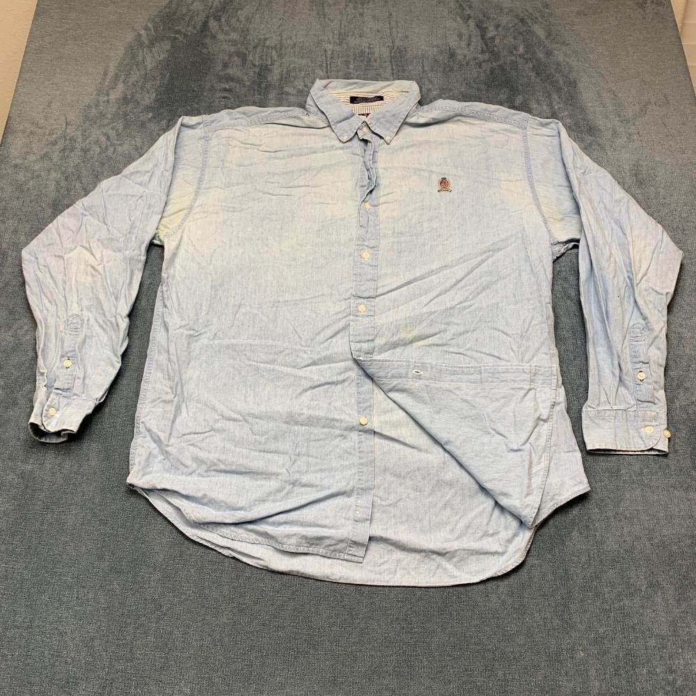 Tommy Hilfiger Shirt Mens XL Light Blue Cotton Logo Casual Button Down Outdoor